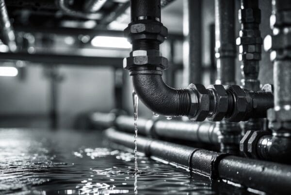 Water leak from PVC pipe causing building drainage issues requiring repair