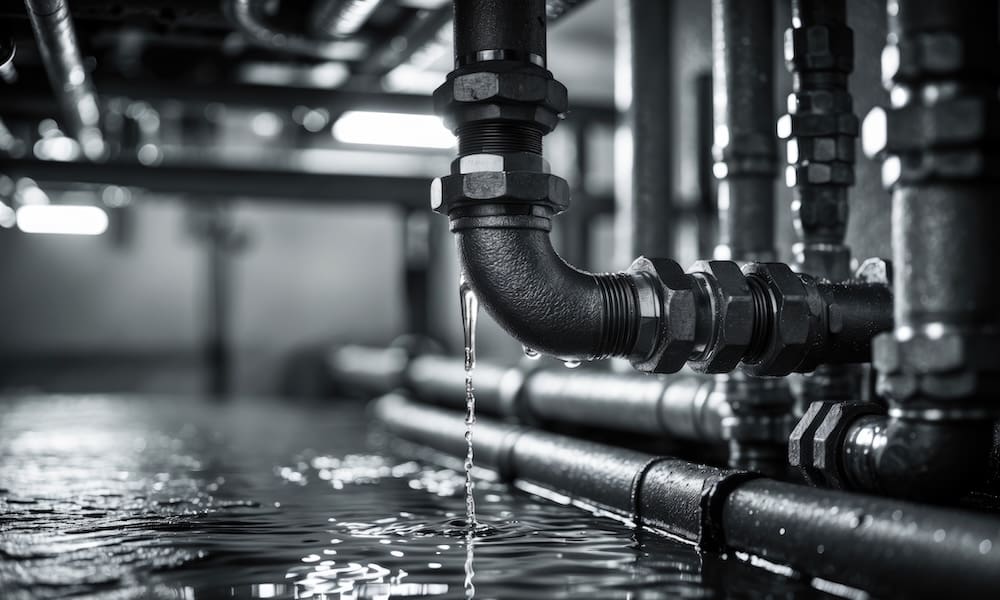 Water leak from PVC pipe causing building drainage issues requiring repair